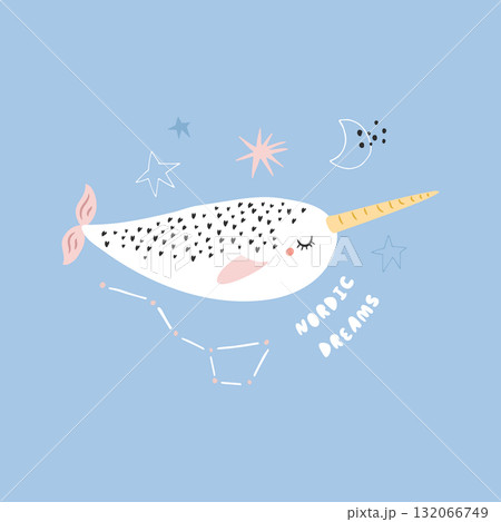 Cute Narwhal Illustration, Nordic Dreams Poster, Scandinavian Sea Animal Design on Blue Background Cute Narwhal Illustration, Nordic Dreams Poster, Scandinavian Sea Animal Design on Blue Background 132066749