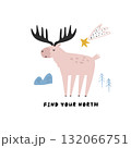 Cute Reindeer Illustration, Scandinavian Nordic Animal Art, Minimal Forest Poster for Kids Room 132066751