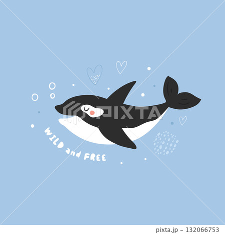 Cute Orca Whale Illustration with "Wild and Free" Quote Poster. Adorable Killer Whale Art Print for Nursery Decor Cute Orca Whale Illustration with "Wild and Free" Quote Poster. Adorable Killer Whale Art Print for Nursery Decor 132066753