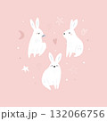Three Cute White Bunnies Illustration. Pink Nursery Art 132066756