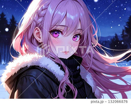 美少女　イラスト　冬　夜空　ピンク髪 132066876
