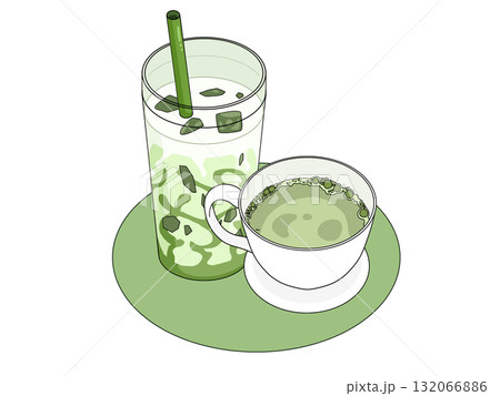 重なって置かれたホットとアイスの抹茶オレのイラスト（抹茶スイーツ4） 132066886