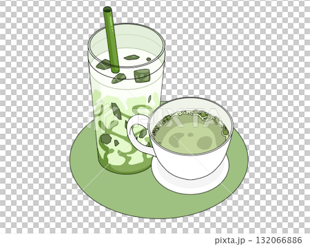 重なって置かれたホットとアイスの抹茶オレのイラスト（抹茶スイーツ4） 132066886
