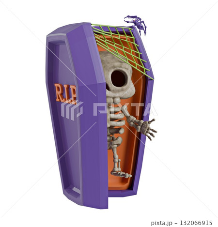 Halloween icon Open coffin with skeleton inside 3D Halloween icon Open coffin with skeleton inside 3D 132066915