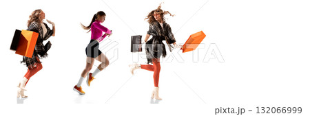 Fashionable women and athlete running with shopping bags symbolizing sale rush 132066999
