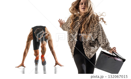 Contemporary collage. Athlete and woman with leopard jacket ready to sprint in stylish retail rush 132067015