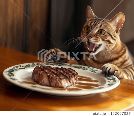 A curious cat eagerly eyeing a delicious steak on a fine dining plate at home during a cozy evening 132067027