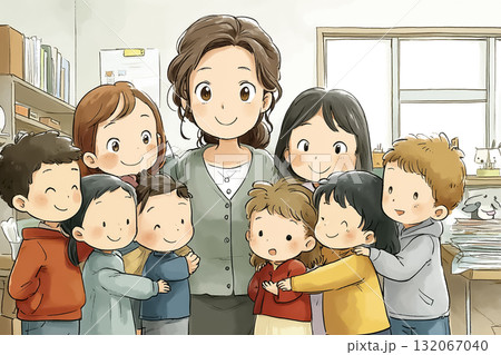 美優シリーズ:朝の保育シーン 登園してきた園児に囲まれる美優先生 美優シリーズ:朝の保育シーン 登園してきた園児に囲まれる美優先生 132067040