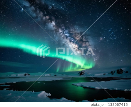 Vibrant auroras dance across the night sky over the frozen tundra, creating a magical atmosphere under the stars during the holiday season in the Arctic Generative AI 132067416