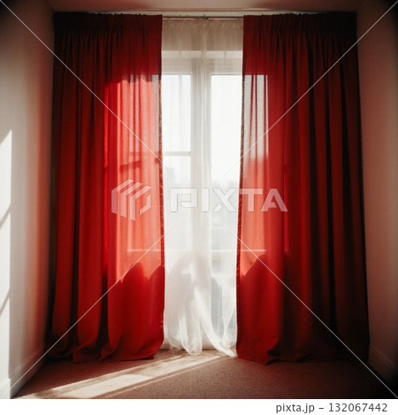 Bright red curtains hang beside a sheer white curtain, softly filtering sunlight into a cozy room. The warm glow enhances the inviting feel in the afternoon light Generative AI Bright red curtains hang beside a sheer white curtain, softly filtering sunlight into a cozy room. The warm glow enhances the inviting feel in the afternoon light Generative AI 132067442