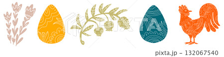 A set with textured animals and plants. Spring ornaments, Easter spirit, spring and holidays. Country style, folk art 132067540