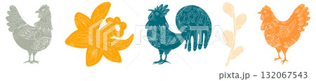 A set with textured animals and plants. Spring ornaments, Easter spirit, spring and holidays. Country style, folk art A set with textured animals and plants. Spring ornaments, Easter spirit, spring and holidays. Country style, folk art 132067543