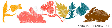 A set with textured animals and plants. Spring ornaments, Easter spirit, spring and holidays. Country style, folk art 132067544
