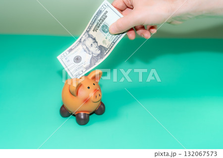 A hand deposits a twenty-dollar bill into a piggy bank, symbolizing saving and financial planning, amidst the backdrop of an economic crisis. 132067573