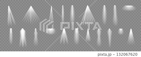 Spotlight. Light effect set. Glow white transparent light effect set lens flare glitter dust line sun flash. 132067620