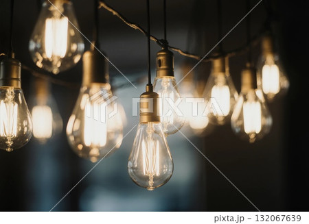 Multiple garland light bulbs hang from a single strand, providing a soft glow in a cozy indoor space during the evening, creating an inviting atmosphere Generative AI 132067639