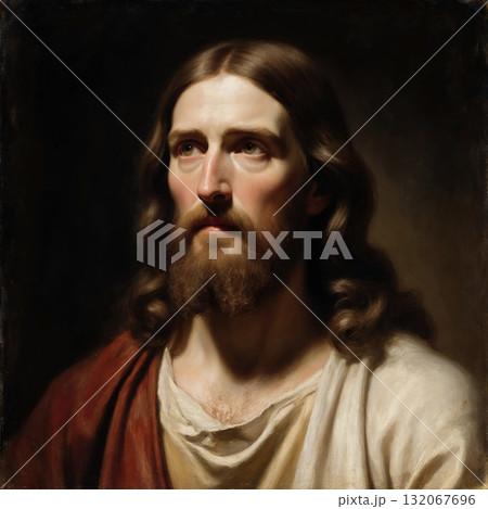 A man with long hair and a beard gazes thoughtfully, dressed in a simple robe. The soft lighting highlights his serene expression, creating a calming atmosphere Generative AI 132067696