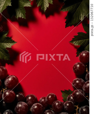Fresh, juicy red grapes are arranged elegantly along with green leaves against a bold red backdrop. This setup creates a rich and inviting appearance perfect for summer events Generative AI Fresh, juicy red grapes are arranged elegantly along with green leaves against a bold red backdrop. This setup creates a rich and inviting appearance perfect for summer events Generative AI 132067710