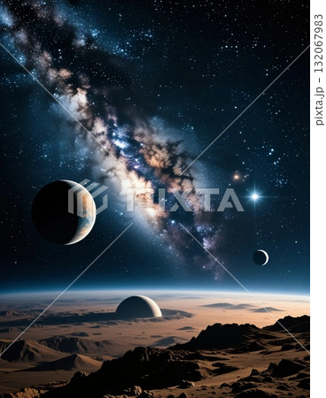 Vast cosmic scene features multiple planets in the foreground, with a magnificent galaxy swirling in the night sky. Stars twinkle above a rocky landscape, creating a surreal ambience Generative AI 132067983