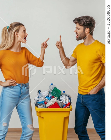 Angry couple debating over waste management in a messy kitchen during a heated argument Angry couple debating over waste management in a messy kitchen during a heated argument 132068055