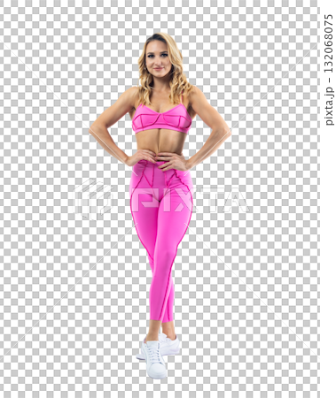 Athletic woman smiling, posing in pink fitness outfiton on transparent background 132068075