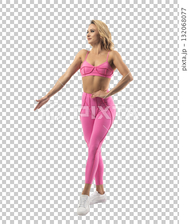Athletic woman smiling, posing in pink fitness outfiton on transparent background Athletic woman smiling, posing in pink fitness outfiton on transparent background 132068077