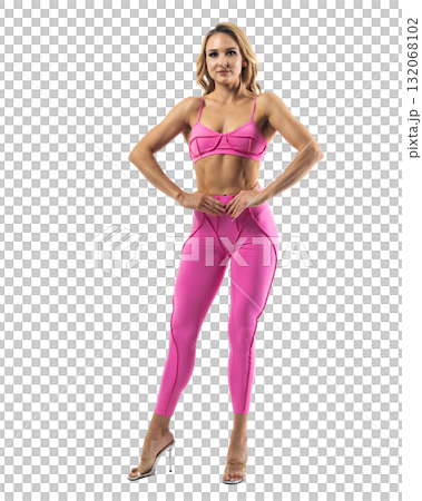 Athletic woman smiling, posing in pink fitness outfiton on transparent background Athletic woman smiling, posing in pink fitness outfiton on transparent background 132068102