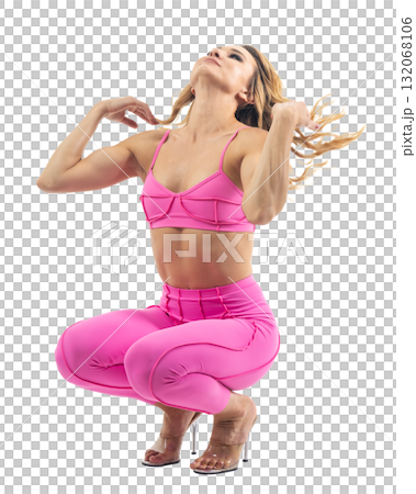 Athletic woman smiling, posing in pink fitness outfiton on transparent background 132068106