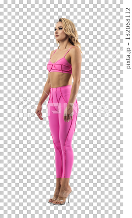 Athletic woman smiling, posing in pink fitness outfiton on transparent background 132068112