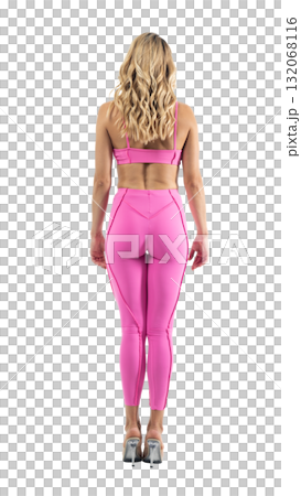 Athletic woman smiling, posing in pink fitness outfiton on transparent background 132068116