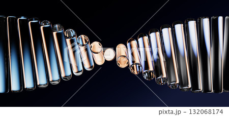 Neon glass spiral wave of translucent lines with gold blue gradient on black 3d background. Abstract dna structure for science technology design. Futuristic graphic render wallpaper. 3D illustration Neon glass spiral wave of translucent lines with gold blue gradient on black 3d background. Abstract dna structure for science technology design. Futuristic graphic render wallpaper. 3D illustration 132068174