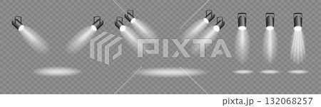 Spotlights set, stage and studio light, realistic hanging lamps. Spot lights and searchlights for concert. Vector 132068257