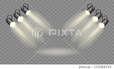 Spotlights set, stage and studio light, realistic hanging lamps. Spot lights and searchlights for concert. Vector 132068258