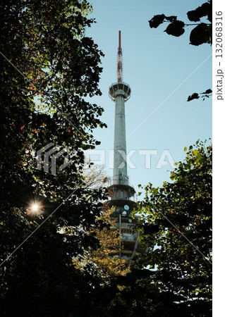 TV tower Iriski Venac on Fruska Gora seen through forest trees with sunlight shining, symbol of history and war damage in Serbia 132068316