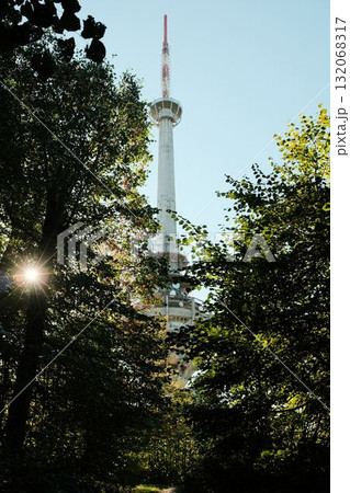 TV tower Iriski Venac on Fruska Gora seen through forest trees with sunlight shining, symbol of history and war damage in Serbia TV tower Iriski Venac on Fruska Gora seen through forest trees with sunlight shining, symbol of history and war damage in Serbia 132068317