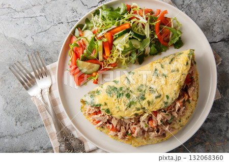 Omelette stuffed with canned tuna and peppers and served with vegetable salad close-up in a plate. Horizontal top view 132068360