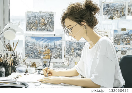 美優シリーズ：若い女性デザイナーが広告用画像を制作するシーン 132068435