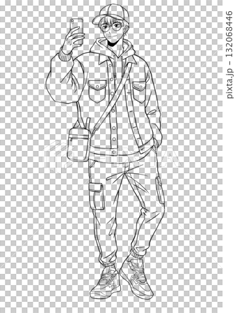 身著休閒街頭時尚的男士的線條畫 132068446