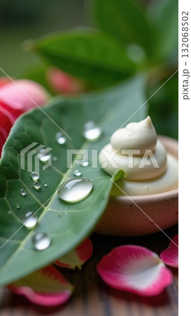 Water Droplets on Leaf with Clay Mask and Rose Petals Water Droplets on Leaf with Clay Mask and Rose Petals 132068502
