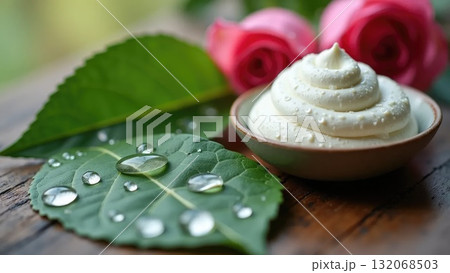 Water Droplets on Leaf with Clay Mask and Rose Petals Water Droplets on Leaf with Clay Mask and Rose Petals 132068503