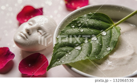 Water Droplets on Leaf with Clay Mask and Rose Petals 132068530