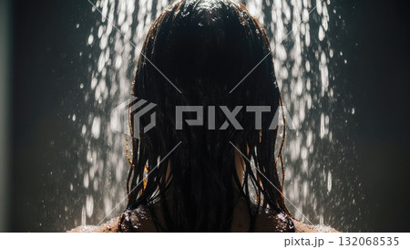 Water Droplets on Wet Hair in Shower Backlight Water Droplets on Wet Hair in Shower Backlight 132068535