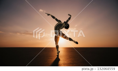 Dancer Silhouette with Musculoskeletal Glow at Sunset 132068559