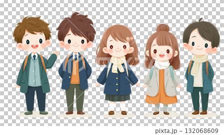 Five junior high school students in uniforms and coats Five junior high school students in uniforms and coats 132068609