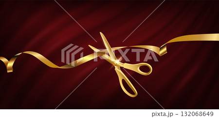 Grand opening ceremony with gold scissors cut ribbon. 3d luxury banner on red royal curtain mantle background. Traditional ritual of launching new business, inauguration. Vector illustration Grand opening ceremony with gold scissors cut ribbon. 3d luxury banner on red royal curtain mantle background. Traditional ritual of launching new business, inauguration. Vector illustration 132068649