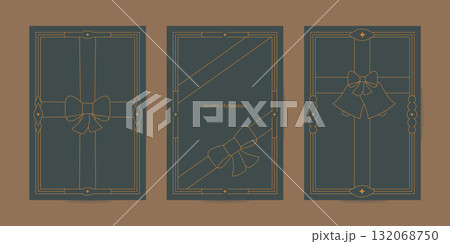 Luxury thin line Merry Christmas, Happy New year banner, poster, card templates set. Cute elegant vector design with festive gift box bow, ribbon. 132068750