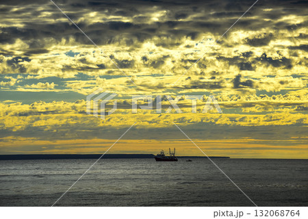 Ship in marine landscape at evening, Patagonia, Argentina. Ship in marine landscape at evening, Patagonia, Argentina. 132068764
