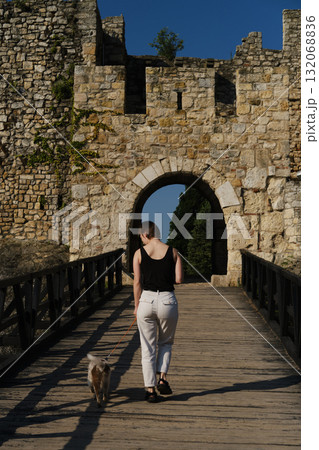 Woman walks with red merle Border Collie puppy on leash across wooden bridge at Kalemegdan fortress in Belgrade. Rear view. Travel with dog concept Woman walks with red merle Border Collie puppy on leash across wooden bridge at Kalemegdan fortress in Belgrade. Rear view. Travel with dog concept 132068836