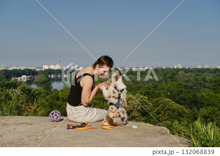 Woman trains red merle Border Collie puppy to give paws on cliff viewpoint overlooking river and Belgrade city skyline 132068839