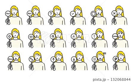 解答札を持つ女性のアイコンセットーシンプル線画のイラスト素材 132068844